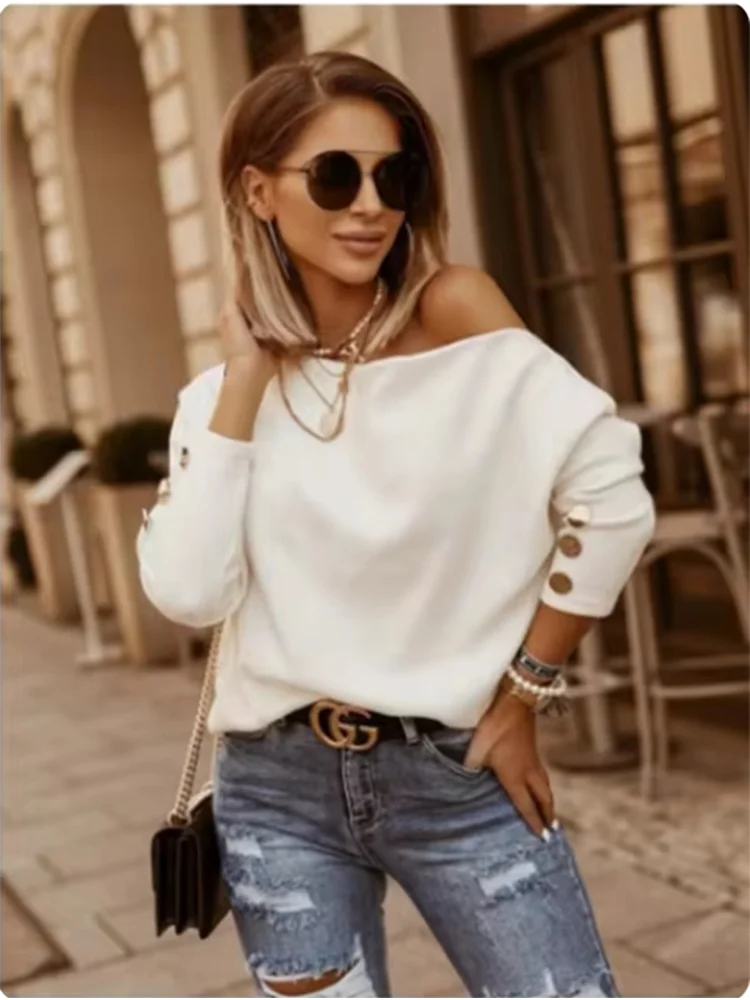 

Slant Collar Off Shoulder Sexy Long Sleeved Solid Color Button Women's T-shirt High Street Fashion Casual Comfort Autumn Top