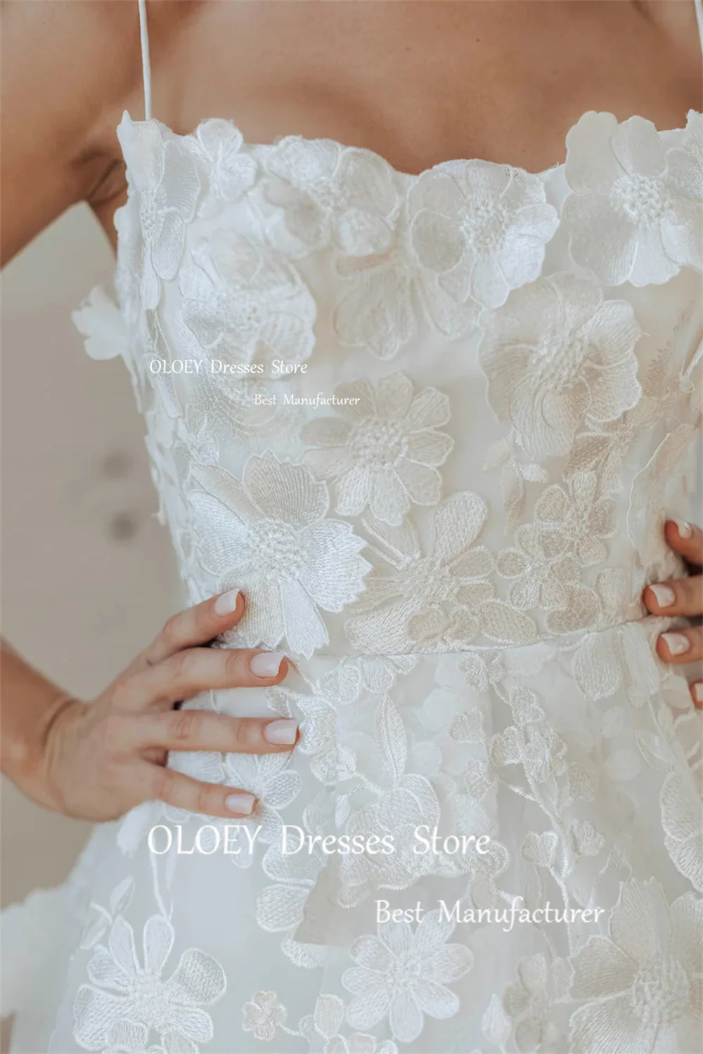 OLOEY Exquisite Ivory Mini Wedding Dresses 3D Appliques Embroidery Lace Photoshoot Spaghetti Straps Bridal Gowns Corset Back