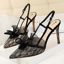 Summer New Sexy Mesh Pumps Sandals Female Pointed Toe Black Lace Hollow Ankle Strap High Heels Stiletto Dress Shoes Women
