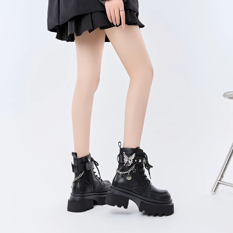 Botas de jinete ligeras informales de moda de inspiración británica con pajarita y parte inferior de plataforma Botas de tobillo de cosplay de tacón grueso