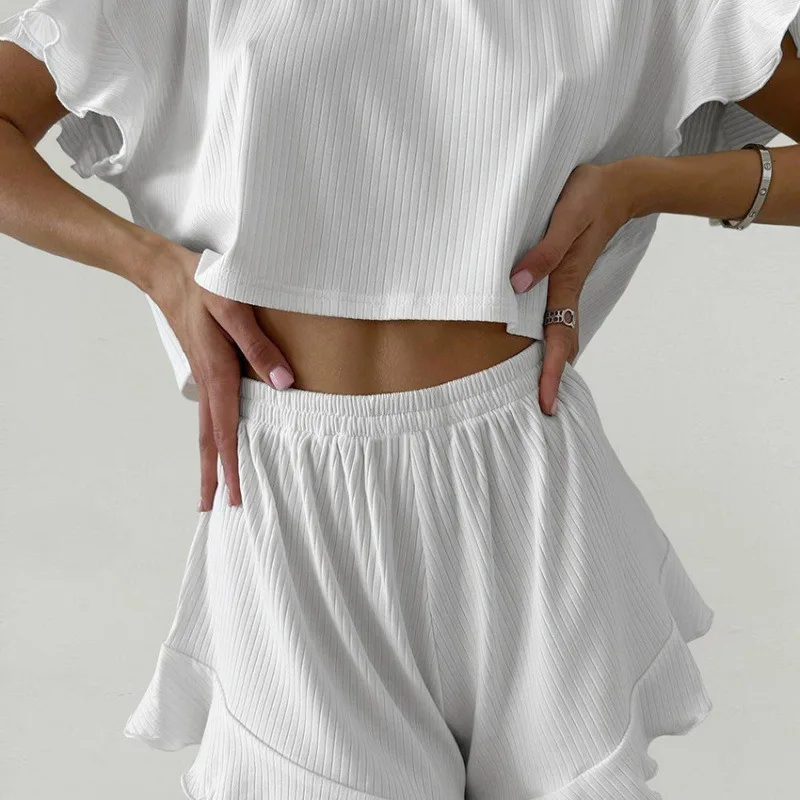 Summer Women's Loungewear Set Loose Ruffle Edge Short Top Shorts Trendy European American Style L Size Short Sleeves Pajamas Set