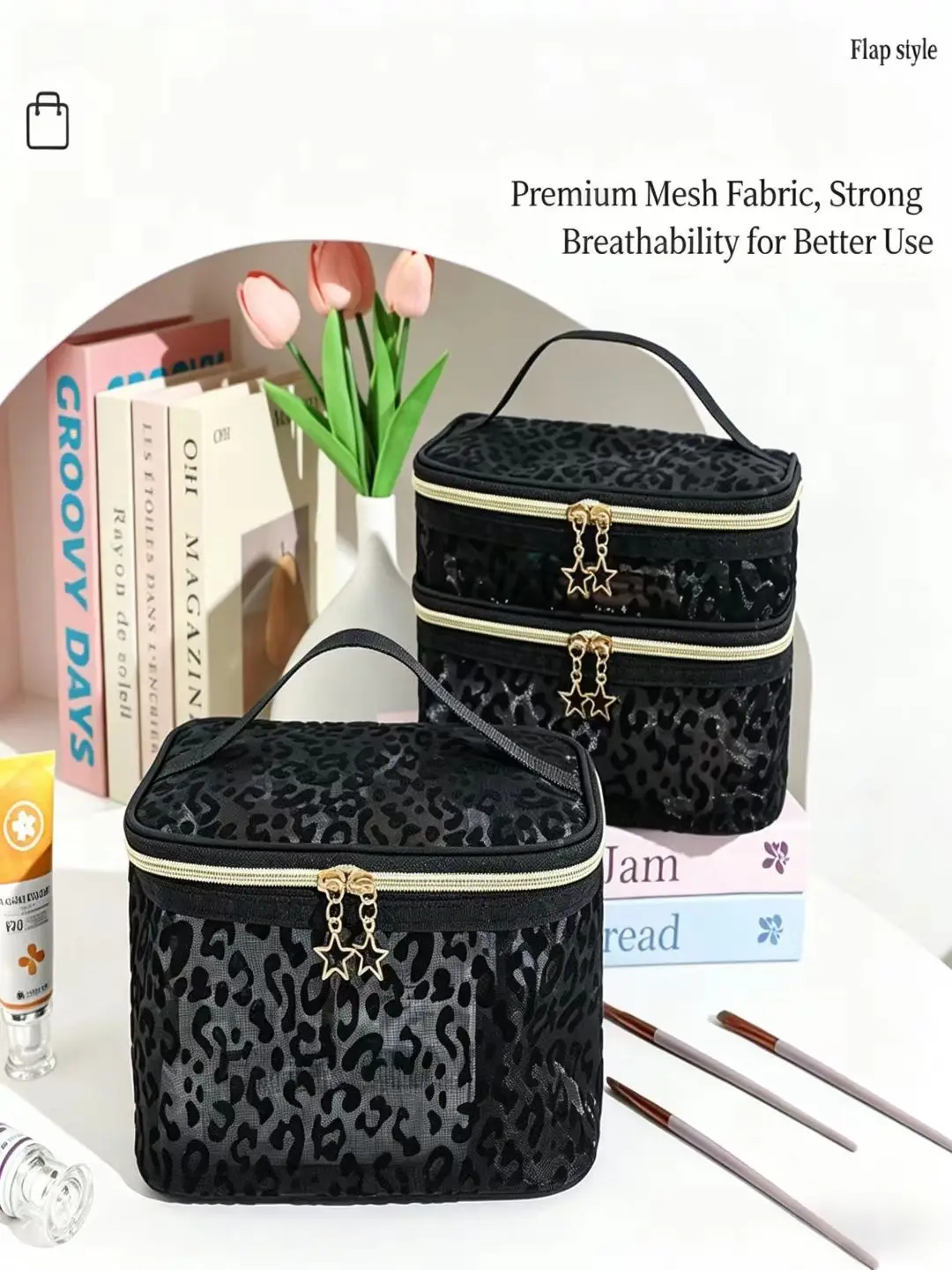 Leopard Print Heart Sheer Mesh Cosmetic Bag, Large Capacity Foldable Multi-Compartment Organizer Bag, Portable for Travel & Home