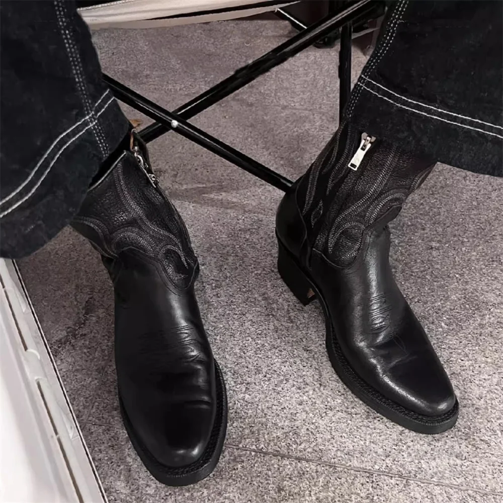 Handmade Work Boots Men Embroidered Retro American Short Boots Round Toe Side Zipper Thick Heel Wrinkled Motorcycle Boots