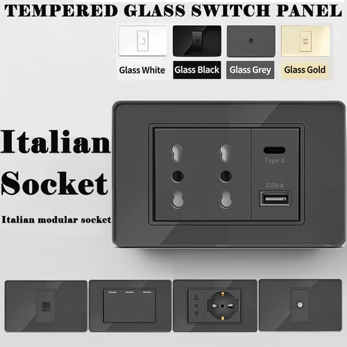 Toma de corriente italiana y Chile, vidrio templado gris, serie 118, 16A, con USB inteligente tipo C, carga rápida de 20W para el hogar, la cocina y la Oficina