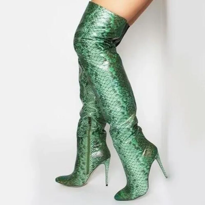 Sexy Green Snake Print Leather Over Knee Boots Womens Pointed Toe Plus Size Tight High Snakeskin Winter Boots 2018 Fashion Shoes