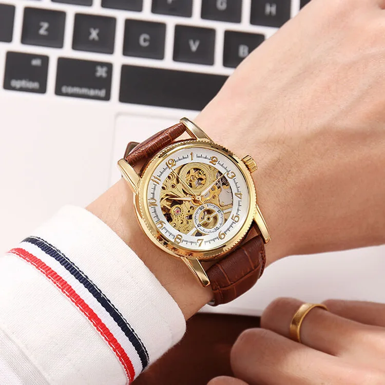 Men Hollow Automatic Mechanical Watch, Golden Case Brown Leather Strap Retro Business Wristwatch