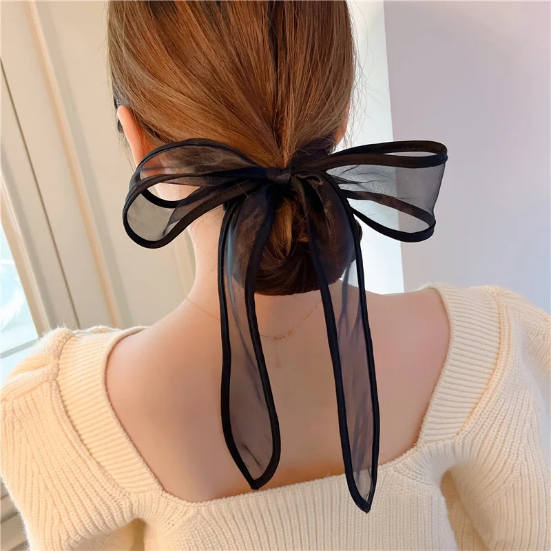 Luxury Black Mesh Scrunchies Elegant Bowknot Hair Ties Tassel Organza Long Ponytail Holder Vintage Elastic Hair Bands Women Rope