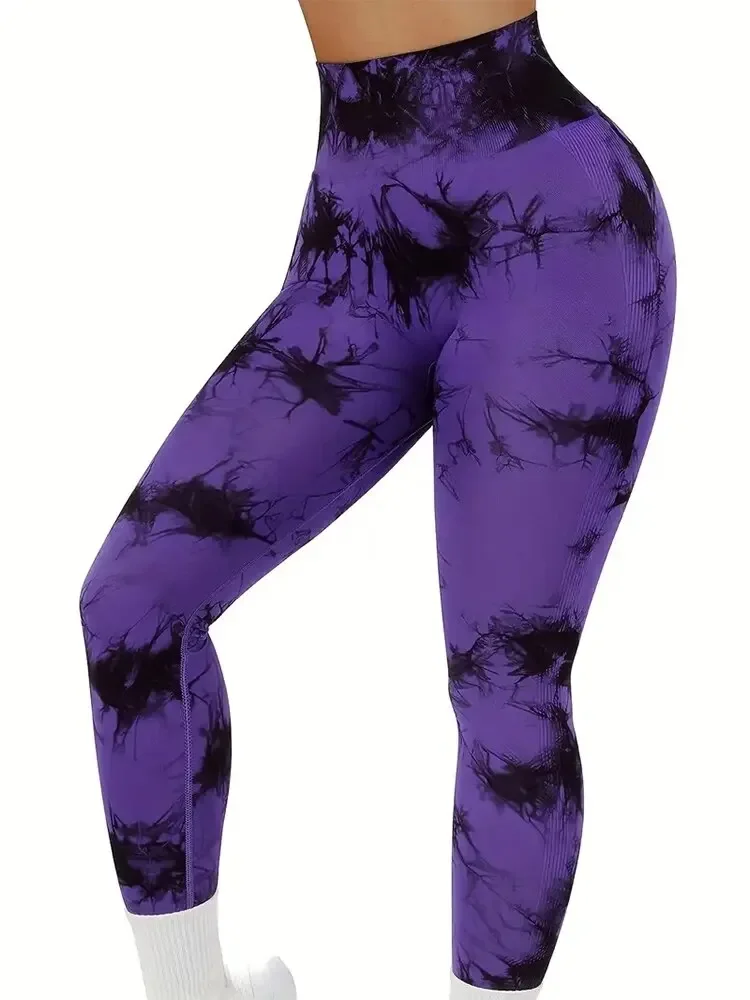 Women\'s 3-Piece Tie-Dye Hip Lift Yoga Pants Exercise High-Waisted Pleated Fitness Pants