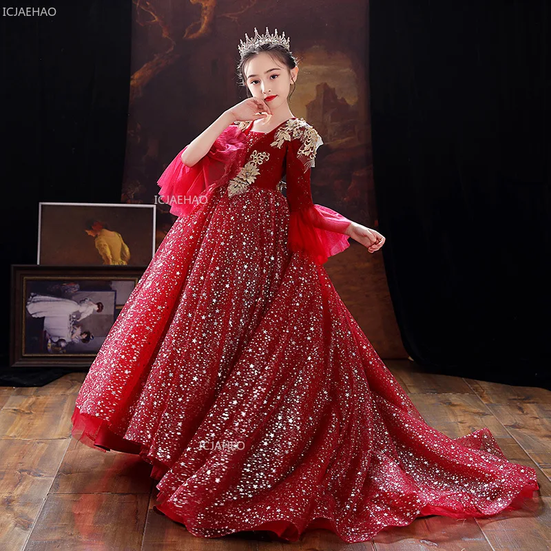 

New Red Children Girls Party Dress Puffy Tulle Princess Gown for Fashion Show Dresses Costumes Host Birthday Stage Performance