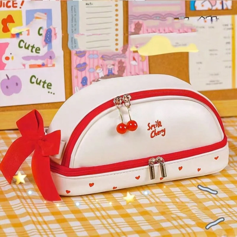 Cute Strawberry Love Pen Bag for Cool Girl PU Easy to Clean Butterfly Knot Stationery Storage Bag Birthday Gift Pen Bag 1pc