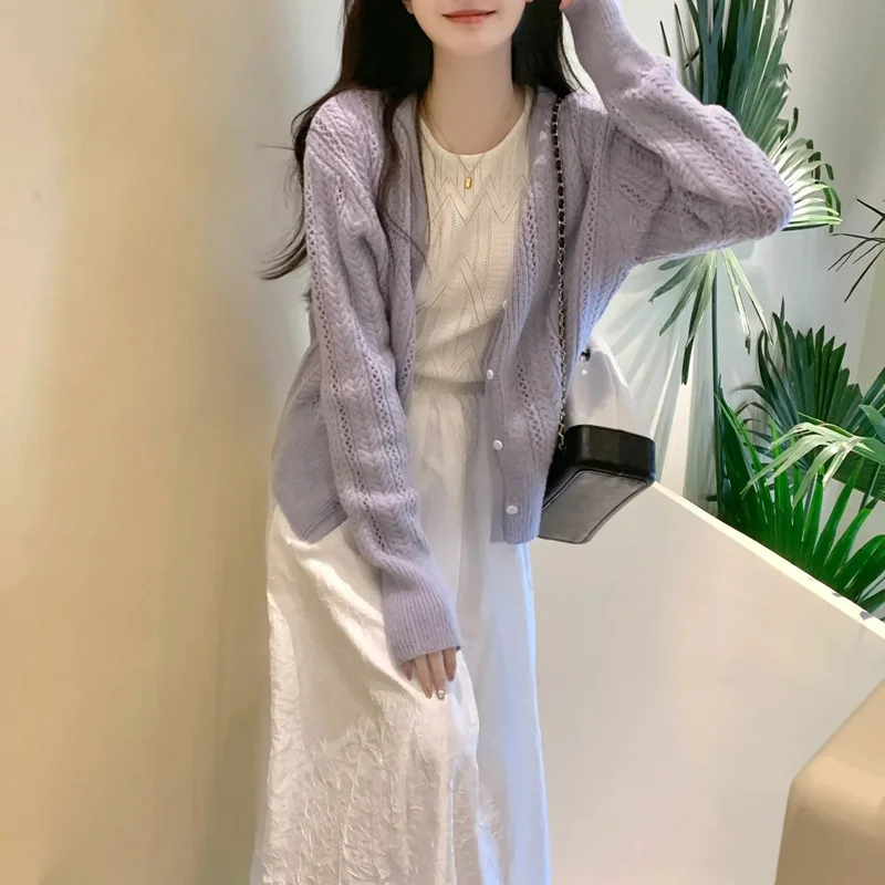 

Purple Hollow Out Jumper Coat Female 2024summer/autumn Outerwears Sweet Cardigan Fashion Knitwear Tops Women's Clothing Jackets