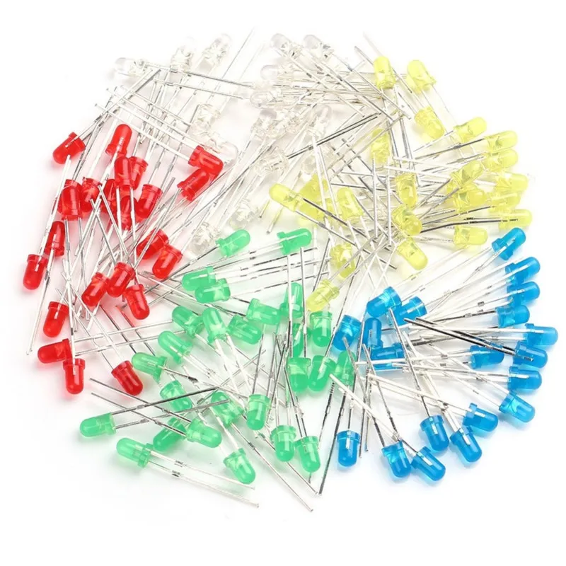 100pcs 3mm Led Light Emitting Diode Component Assorted Kit Diy Leds Mix Color, Five Color White, Red