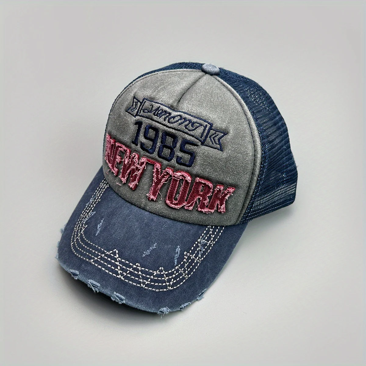 

Distressed Embroidery Baseball Cap Vintage Patchwork Mesh Panels Breathable for Unisex Street Hip Hop Daily Wear