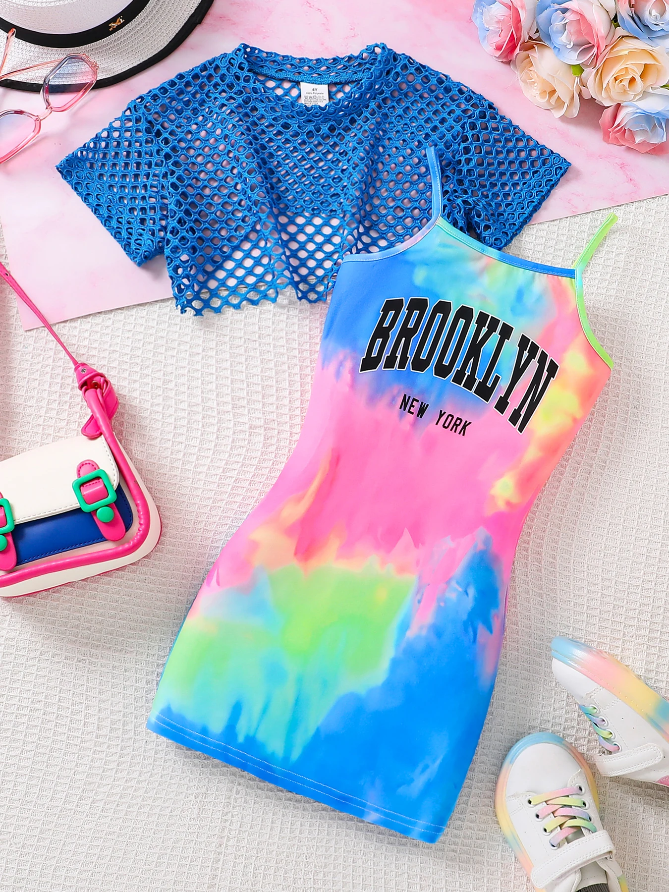 Summer girls' children's set, breathable mesh short restorative slimming micro-elastic spaghetti-strap short skirt two-piece set
