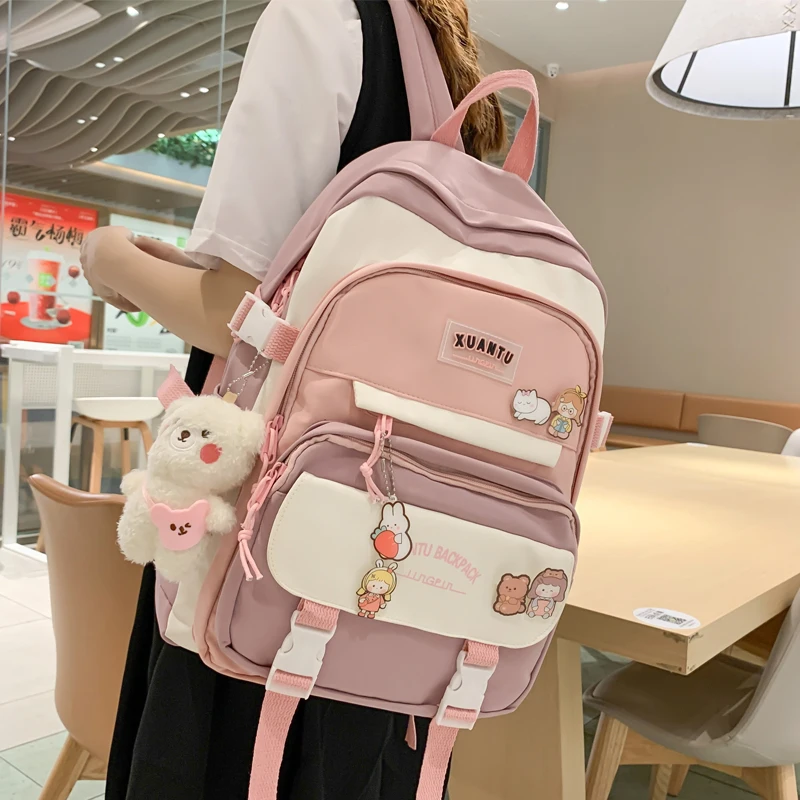 JULYCCINO Multi Pocket Badge Women Backpack High School Girls School Bag Shoulder Bags For Teenage Girls Cute Backpack Mochila