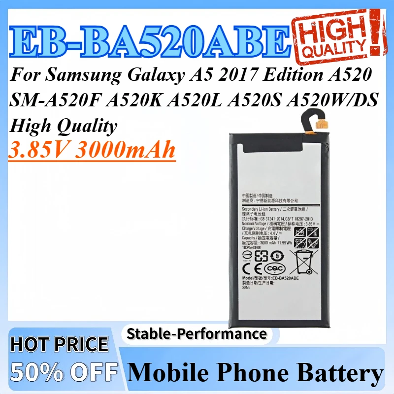 

Аккумулятор EB-BA520ABE 3,85 В, 3000 мАч для Samsung Galaxy A5 2017 Edition A520 SM-A520F A520K A520L A520S A520W/DS, высокое качество