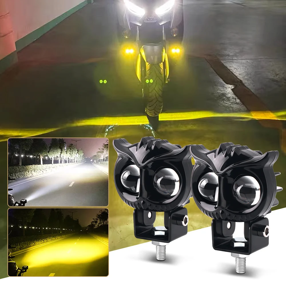 

Led Motorcycle Headlight Dual Color White Yellow Owl Design Strobe Spotlights High Low Beam 12V Fog Light Scooter Running Lamp