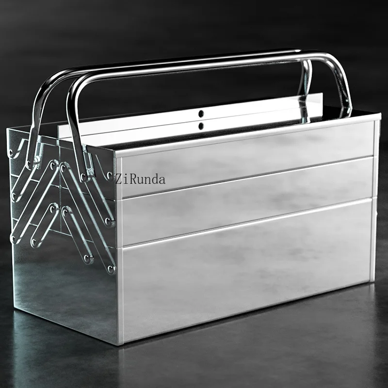 กล่องเครื่องมือกล่องเก็บสแตนเลสหลายชั้นฮาร์ดแวร์ในครัวเรือนกล่องเหล็กพร้อมล็อคกล่องเครื่องมือรถพับ