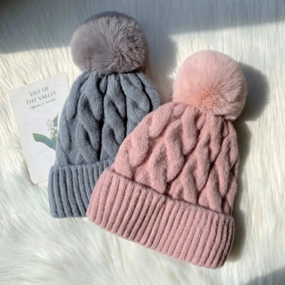New Keep Warm Pompom Hat Solid Color Thickened Ear Protection Cap Cold Proof Windproof Pullover Hat Autumn Winter