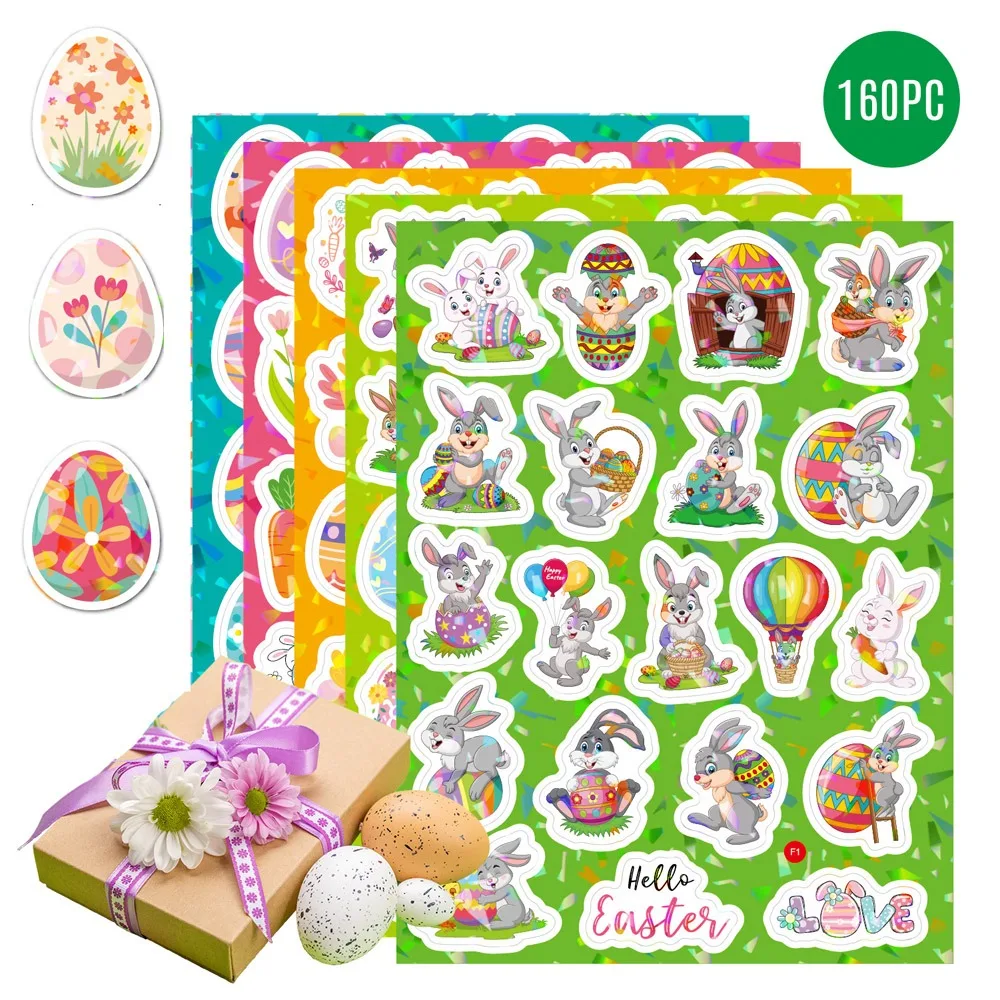 160pcs 8 Sheets Easter Stickers Laser Bunny Egg Cartoon Christmas Halloween Holographic Waterproof Removable Vinyl Sticker Decor