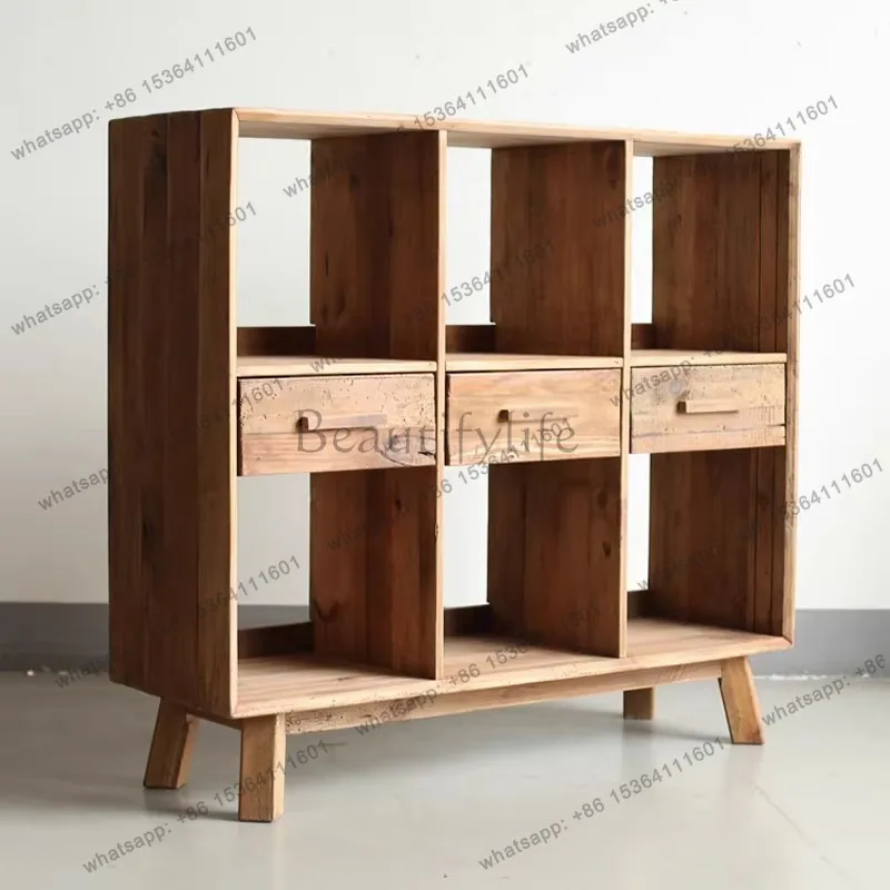 

Log literary and artistic six-grid three-bucket entrance cabinet old pine American retro solid wood wall side cabinet
