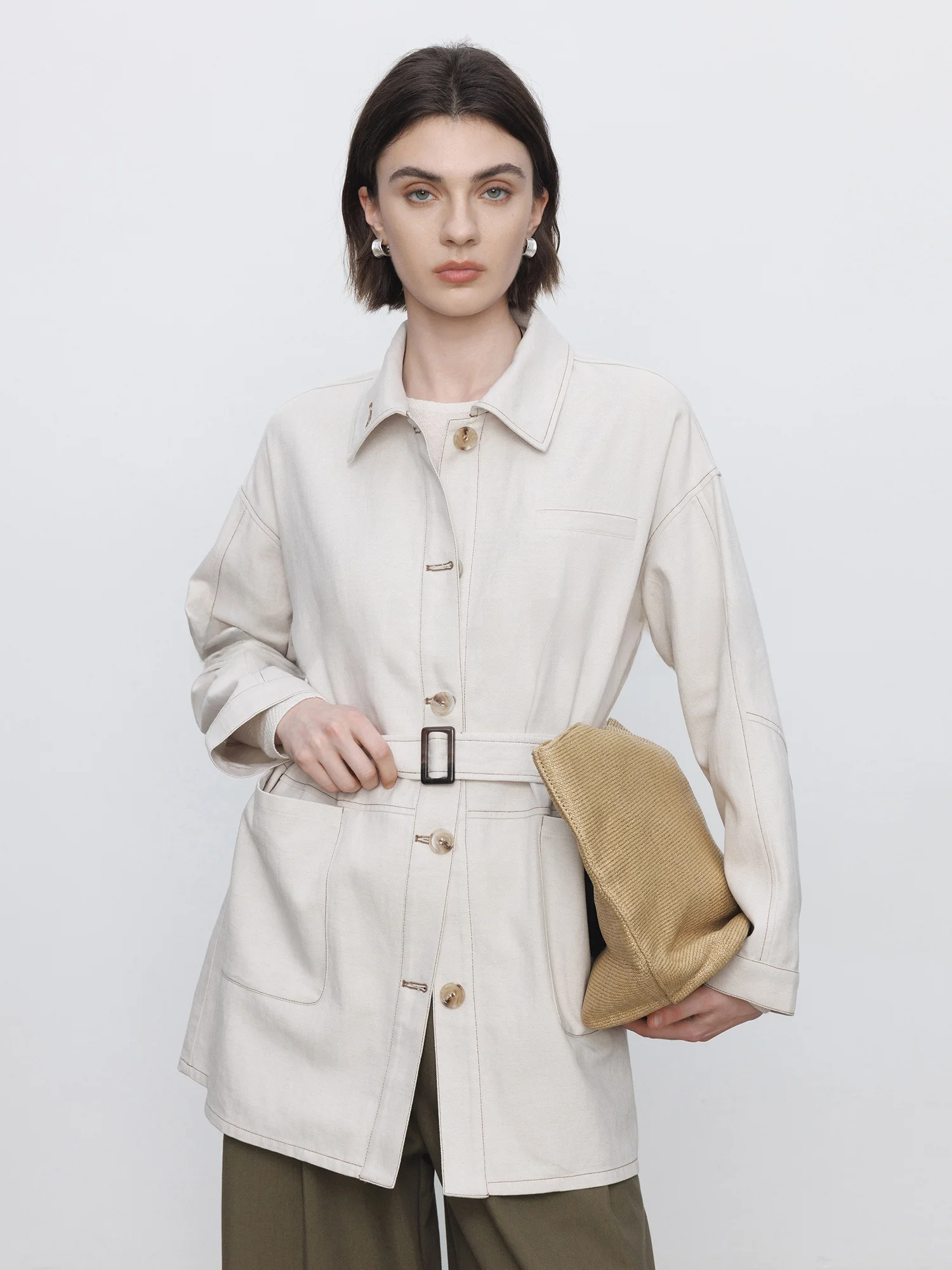 

Ретро-рабочая куртка женская, свободного кроя, из хлопка, с длинными рукавами, с завязками на талии, оверсайз, повседневная, весна-лето, новинка