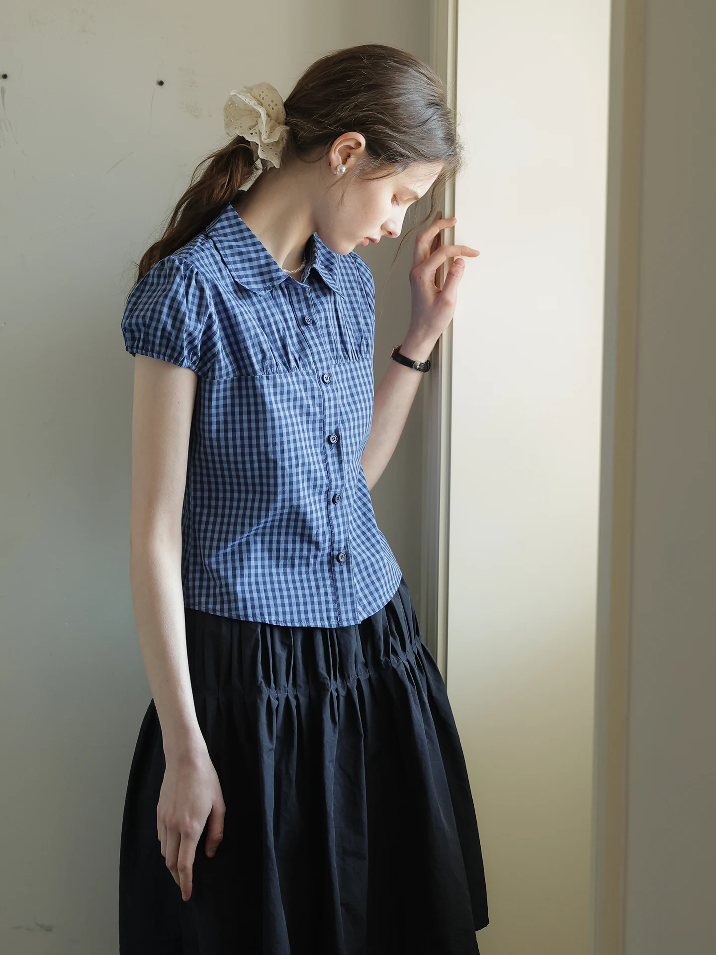 

Retro Blue Plaid Doll Collar Short Sleeve Bubble Sleeve Shirt Women Summer New Style Age Reduction Sweet Top Cotton Pure Brea...