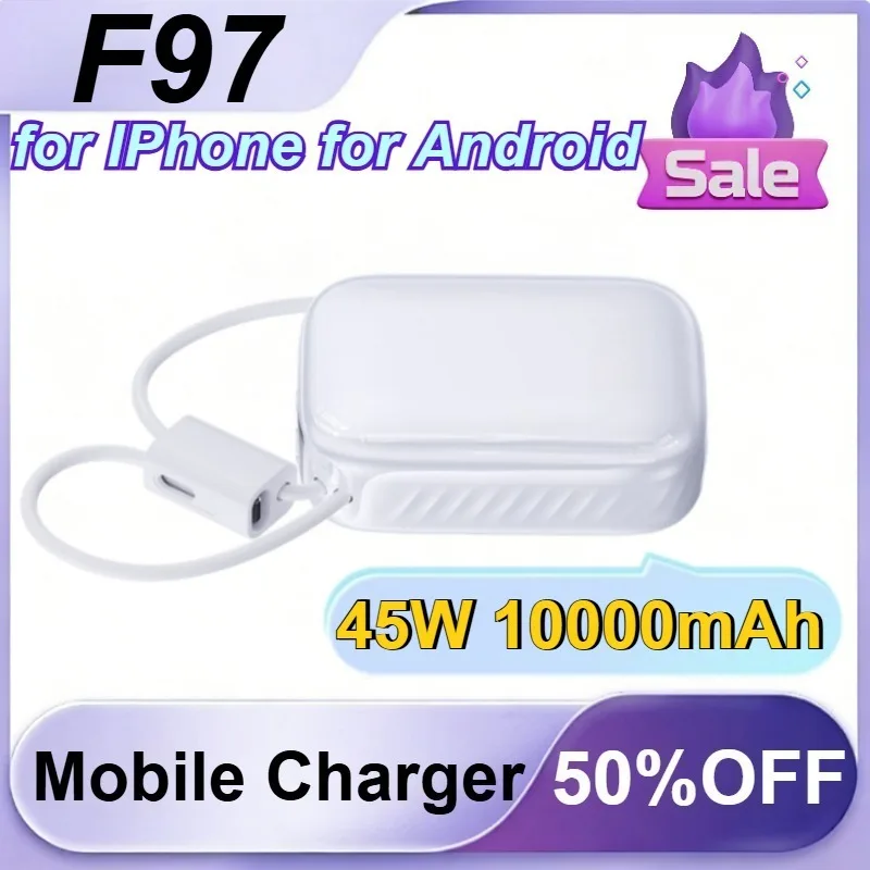 F97 45W 10000mAh for IPhone for Android Mini Power Bank Built-In USB-C Cable Smaller Fast Charging Portable