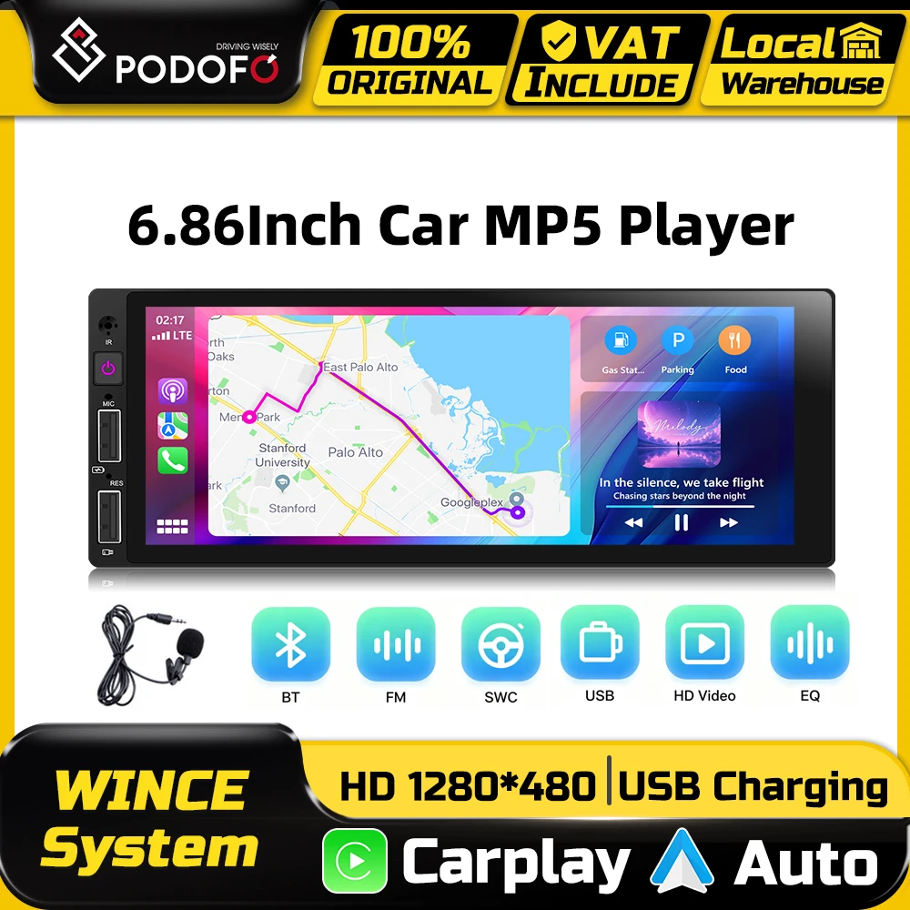 Podofo 1 Din 6,86'' Touchscreen CarPlay Autoradio Multimedia MP5-Player Android Auto Intelligente Fahrzeugsysteme Mirror Link BT EQ FM Radio Stereo