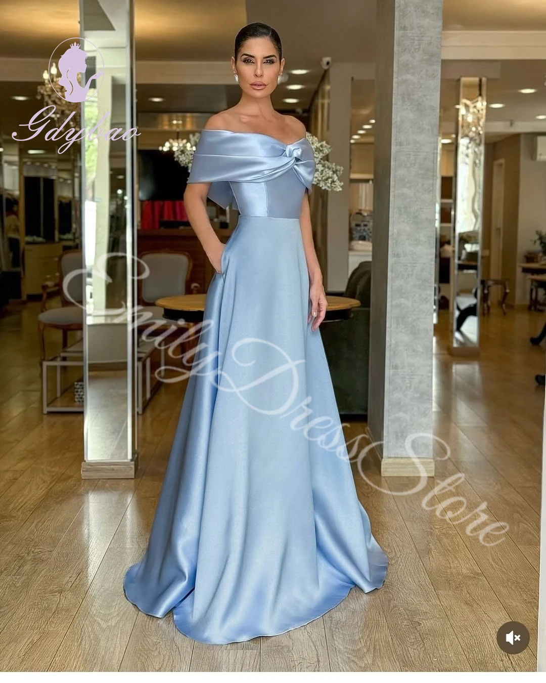 

Sky Blue Satin Evening Dress Women Floor Length Off Shoulder Sexy Elegant Bridal Formal Long Ball Gowns Trend Pageant Dress
