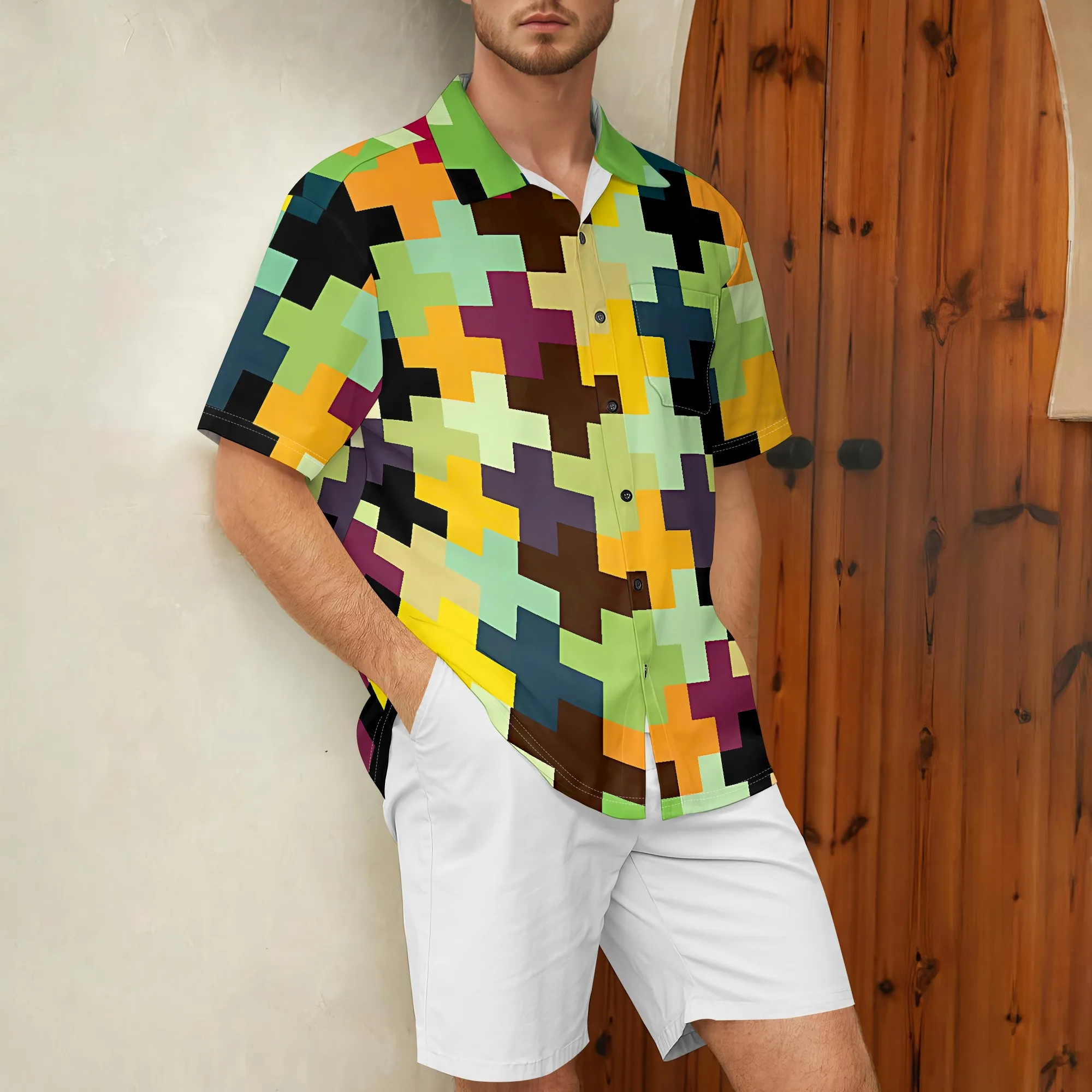

YEAE Colorful Cross Print Shirt for Men Summer Casual Short Sleeve Top