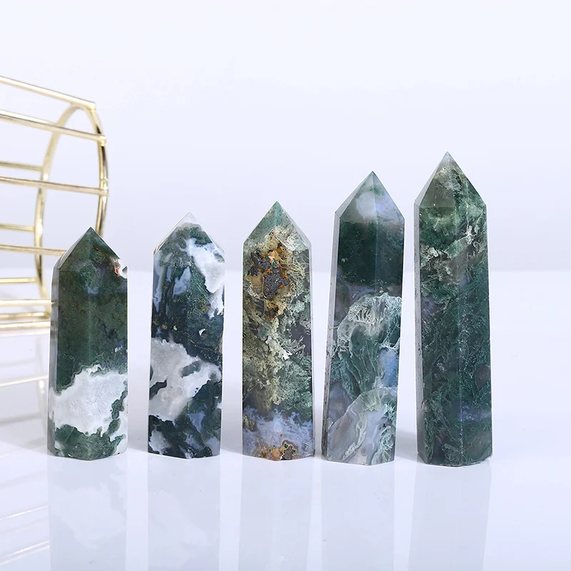 Natural Moss Agate Tower, Crystal Hexagonal Point, Quartz, Reiki Healing Stone, Energy Mineral, Obelisk Column, Room Decor Craft