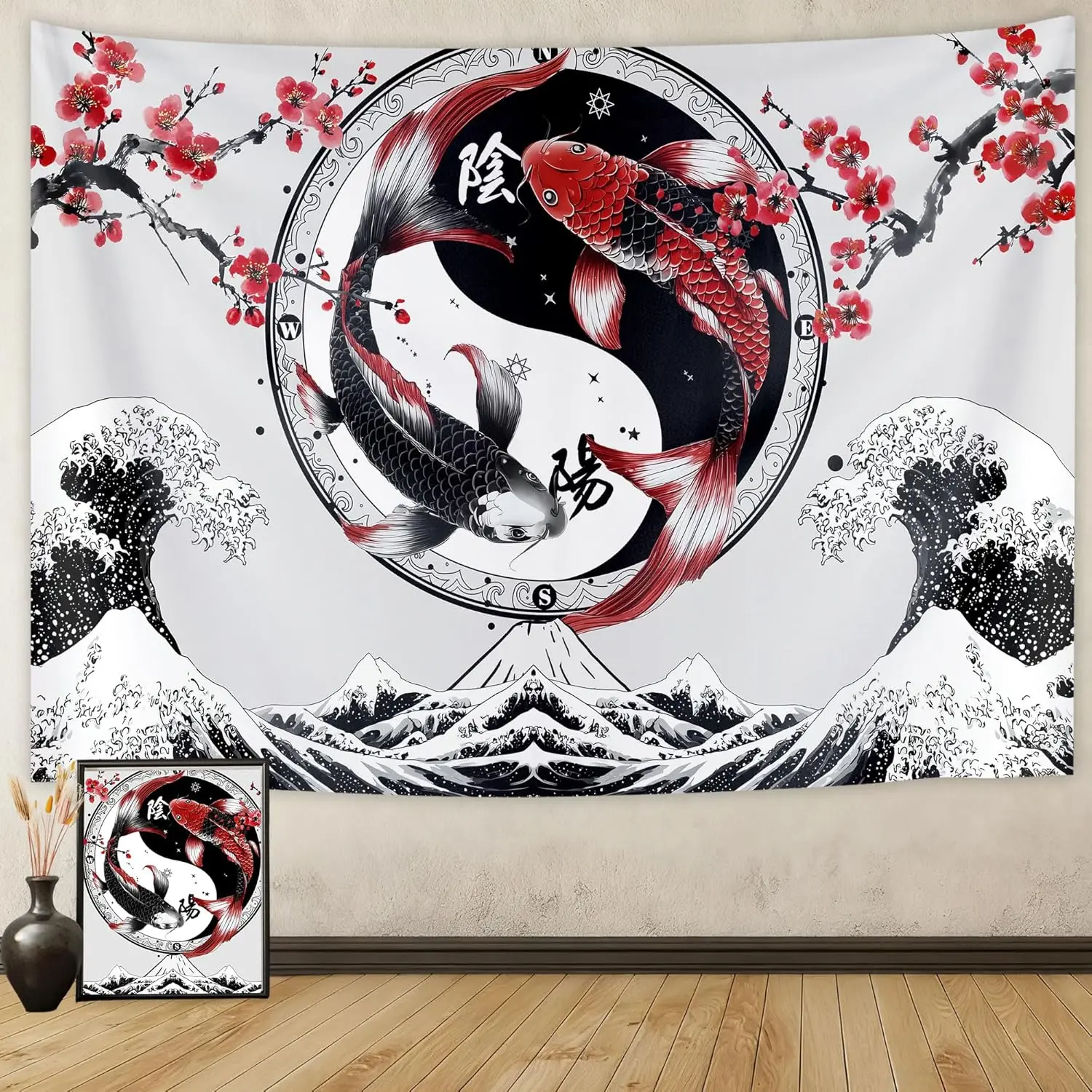 Japanese Anime Tapestry, Black and White Yin Yang Koi Fish Tapestries, Cherry Blossom Cool Asian Mens Masculine Art Tapestry