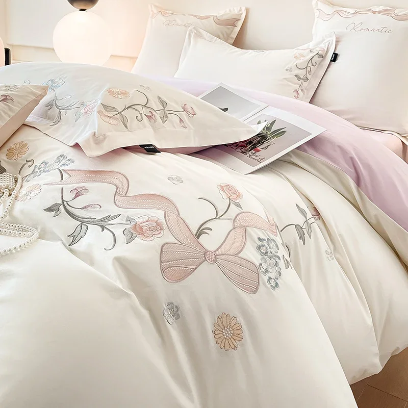 4 pieces Luxury cotton bed linen Embroidered comforter bedding set couple duvet Quilt cover set double sheets set Pillow case