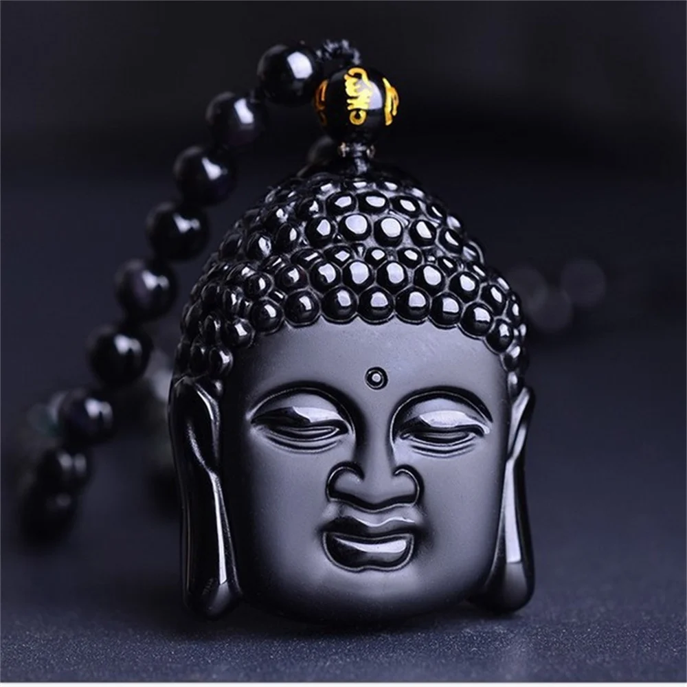 Natural Genuine Black Obsidian Carved Chinese Buddha Head Lucky Pendant Amulet Necklace for Woman Man Trendy Gift Jewelry