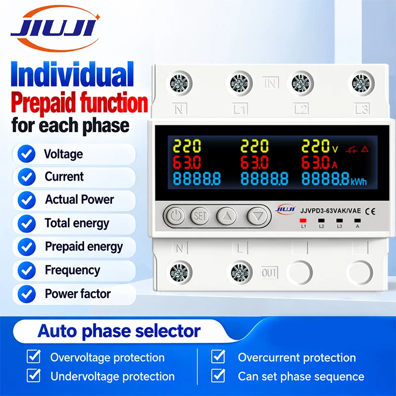 63A 3P+N Three Way Phase Selector Prepaid kWh Meter Auto Switch Over Under Voltage Overcurrent Protector LCD Monitor