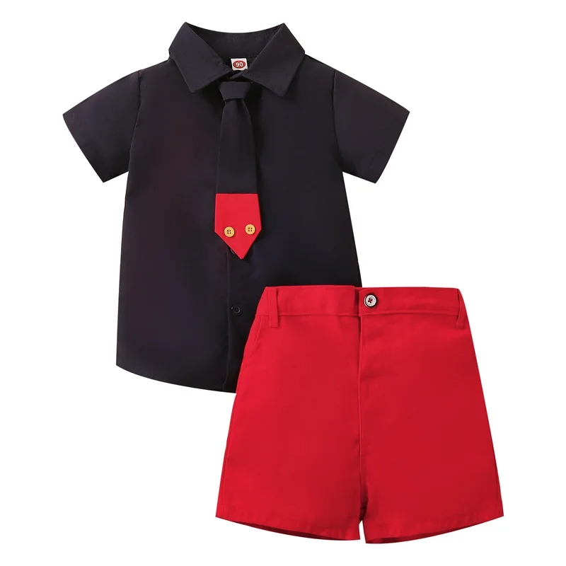 

2 Pieces Kids Boys Clothes Gentleman Outfit Contrast Color Lapel Short Sleeve Shirt with Necktie Short Pants Boys Summer Set