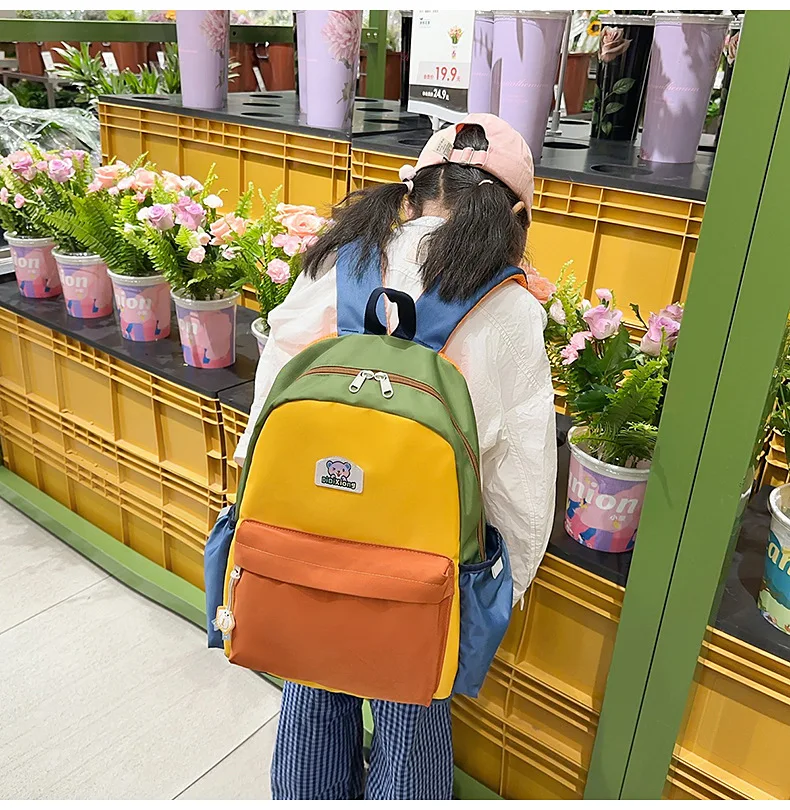 Korean Style Color Block Kids School Backpack, Cute Large Capacity Lightweight Casual Backpack