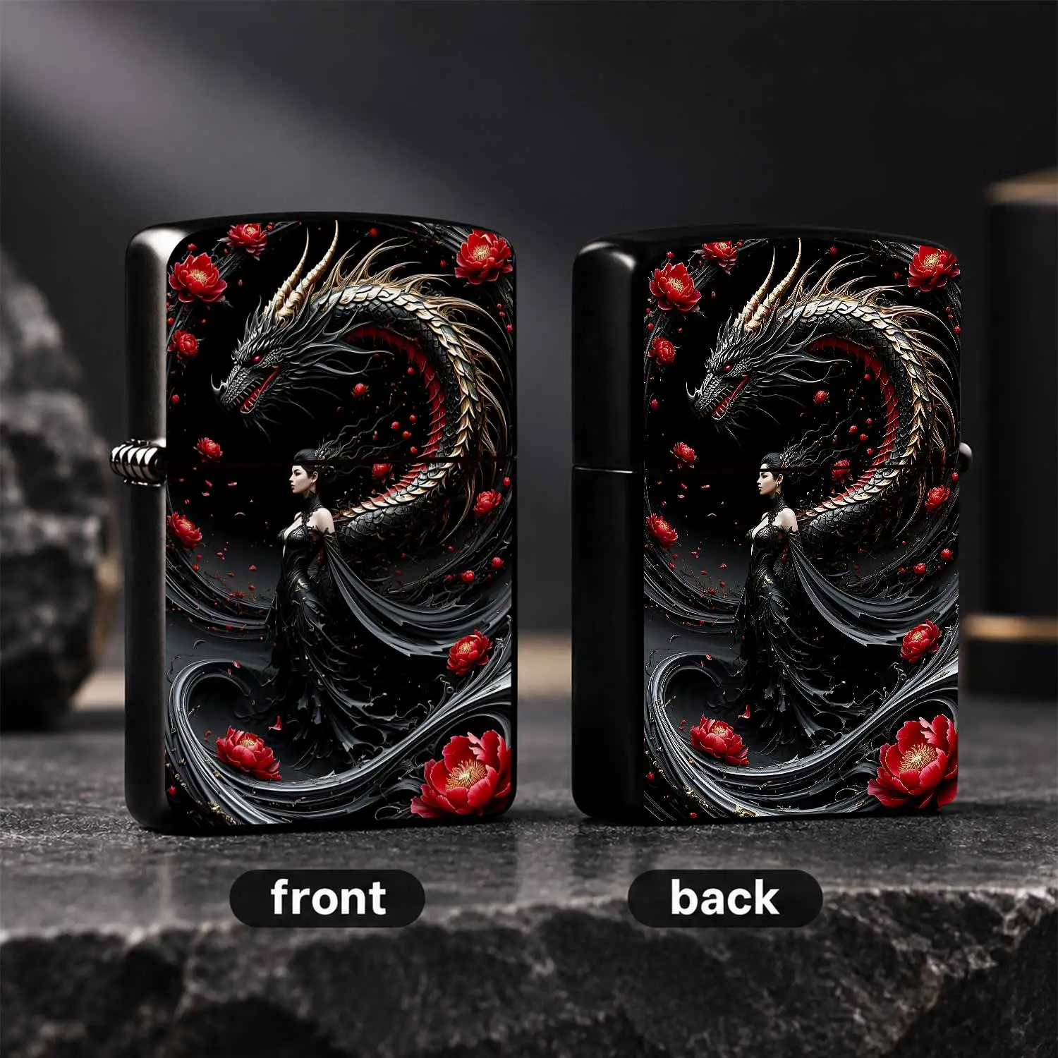 Exquisite Oriental Dragon Red Peony Themed Lighter, Dark Aesthetic Artdecor, Elegant All-Match Portable Accessory, Ideal For Daily Use Gifting Collection, Fits All Scenarios Stylish Practical Creative Present For Differ A Humorous And Inter