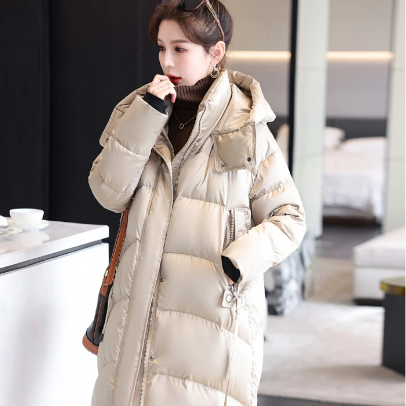 White Goose Down Jacket for Women, Long Hooded Design, Temperament Knee, Leisure Parkas, Winter Fashion, New, 2024, 90