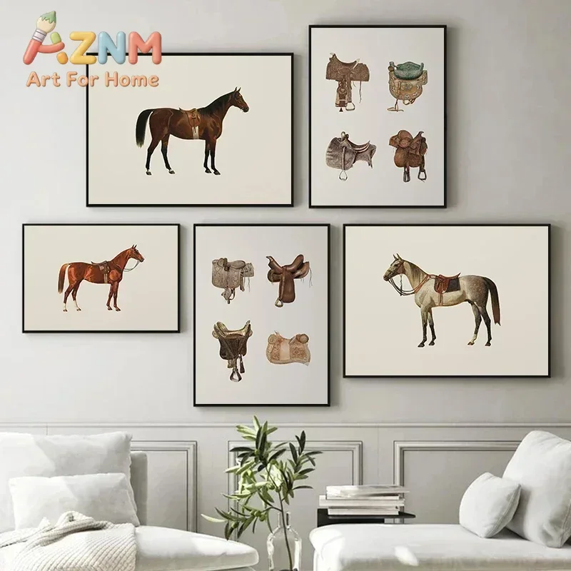 AZNM Vintage Horse and Saddle Canvas Poster Western Equestrian Retro Art Print Neutral Tone Farmhouse Living Room Wall Decor Unf