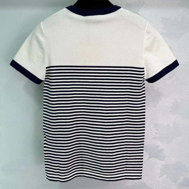

High quality Striped Short Sleeved Spun Wool Round-Neck knitted T-shirt for women Contrasting Color Casual Loose Tops 25627102