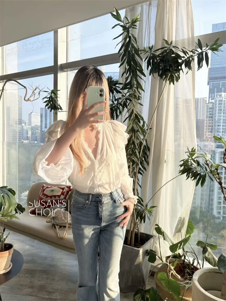 

Susan Faion Ранняя осень Длинный све Женский топ с вышитыми цветами и кружевной отделкой, смесь хлопка с цветочным принтом и растениями