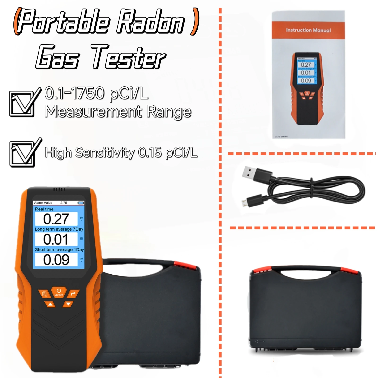 Radon Detector Portable Radon Gas Tester 0.1-1750 PCi/L Fast Accurate Results for Home & Environmental Monitoring