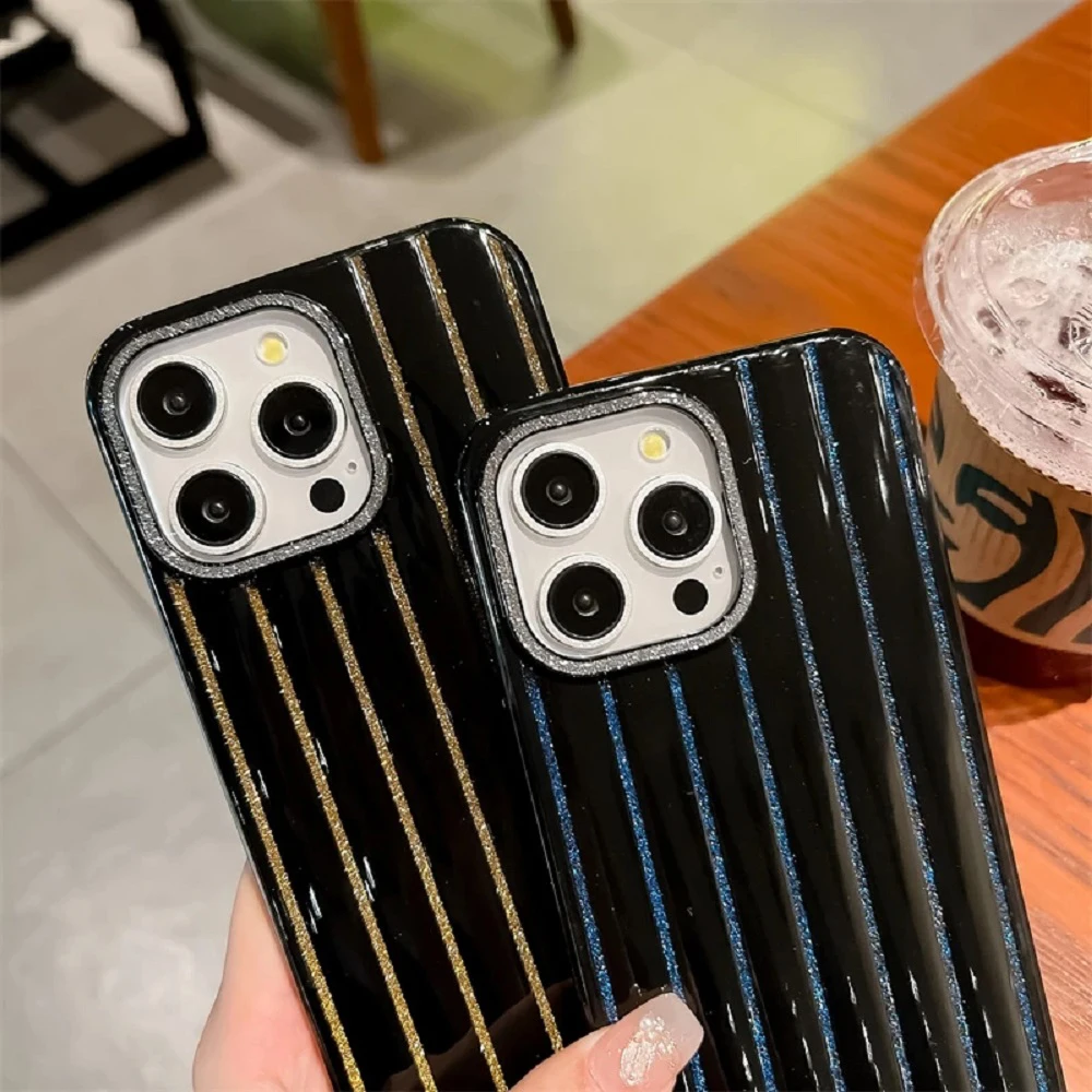 ファッションストライプ保護シェルキラキラ光るスマホケースシリコンケース耐衝撃iPhone 16 12 13 14 Plus 15 Pro Max対応