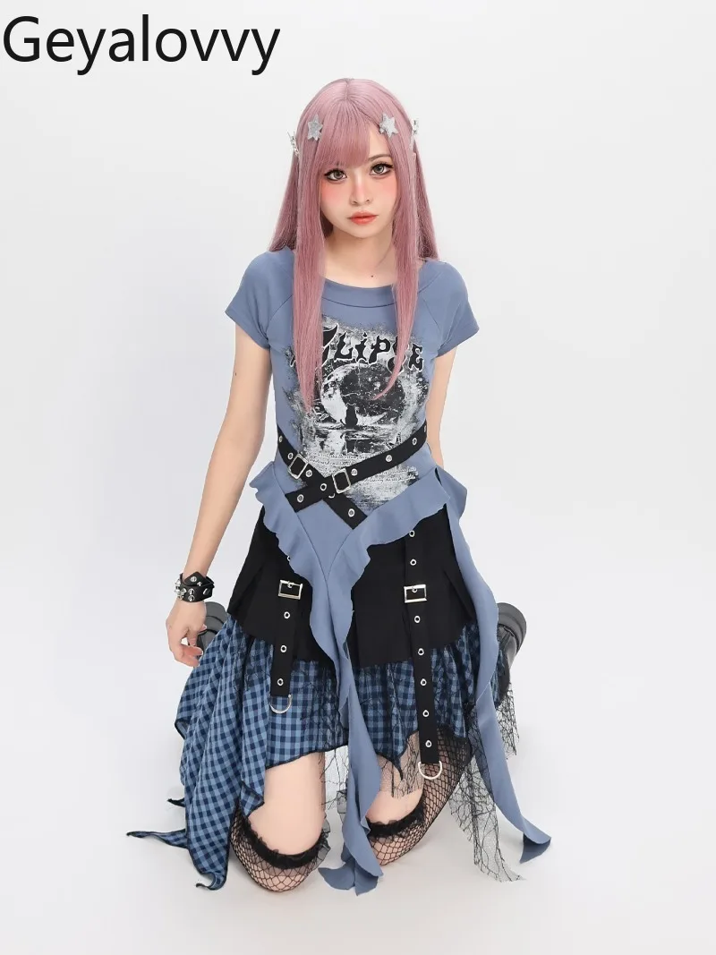 

Оригинальная футболка в японском стиле Y2K с открытыми плечами и короткими рукавами, летняя новая универсальная короткая юбка нестандартной формы с высокой талией