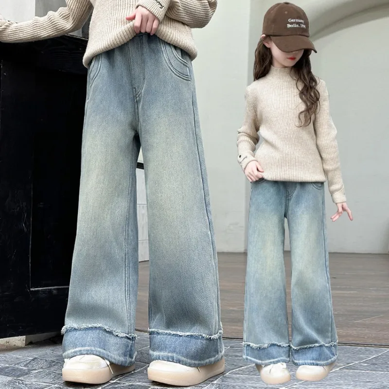

New 2025 Girls Loose Wide-leg Jeans Trousers Children Fashion Soft Solid Straight Denim Pants Spring Autumn Clothing 5-12 Years