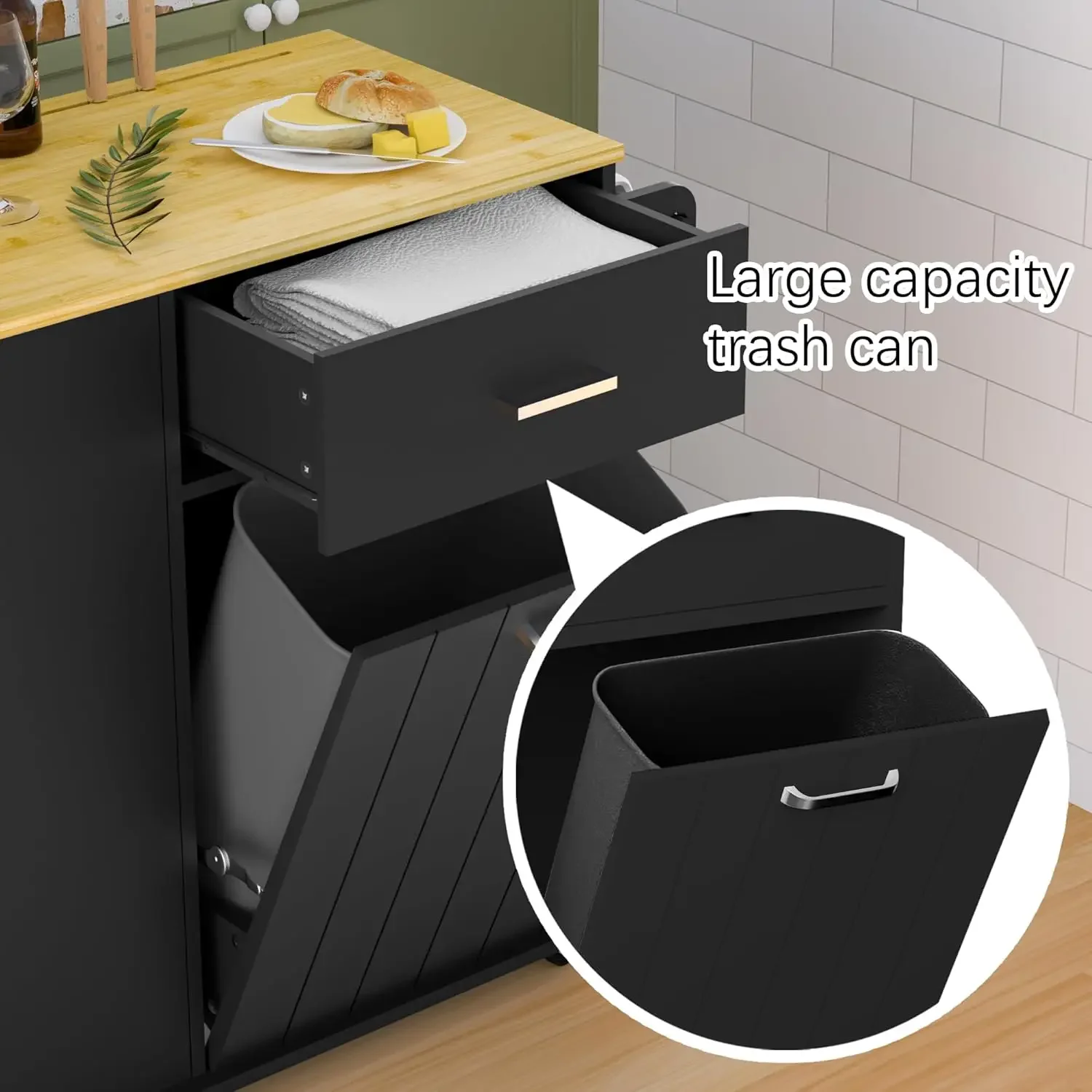 Rolling Kitchen Island with Trash Can Storage, Portable Kitchen Island on Wheels with Towel Rack & Spice Rack, Tilt Out Trash