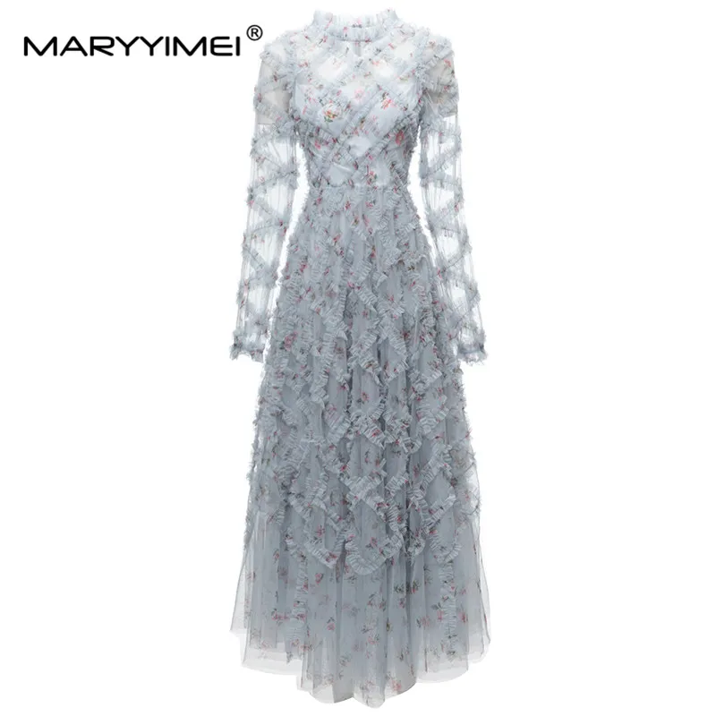 

MARYYIMEI Fashion Autumn Women's dress Long sleeved Plaid Mesh Floral-Print Edible Tree Fungus Slim Elegant Party Dresses