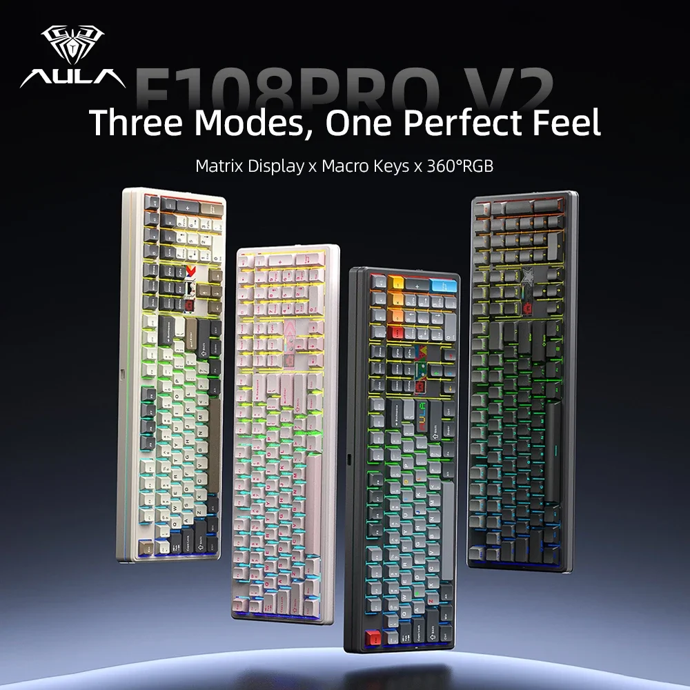 Aula F108 PRO V2 Wireless Gaming Keyboard with 10000mAh Battery, Dot-Matrix Display, RGB Backlit, Full Size Mechanical Keyboard